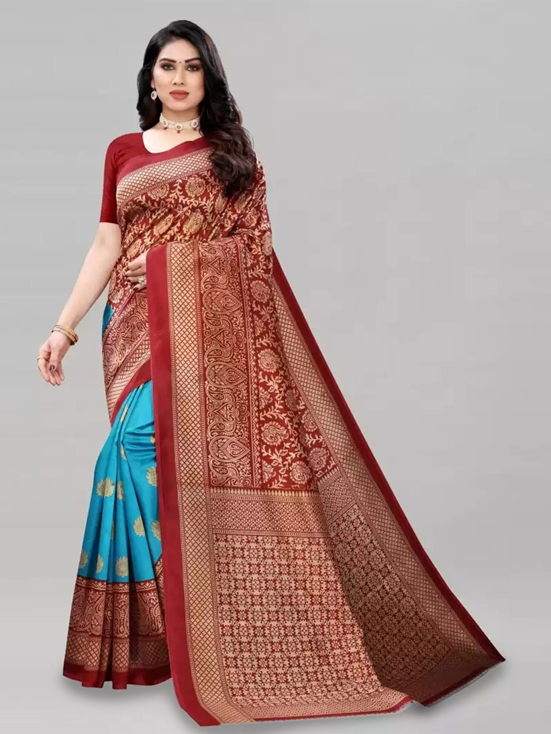 

Mitera Red & Blue Ethnic Motifs Printed Art Silk Saree