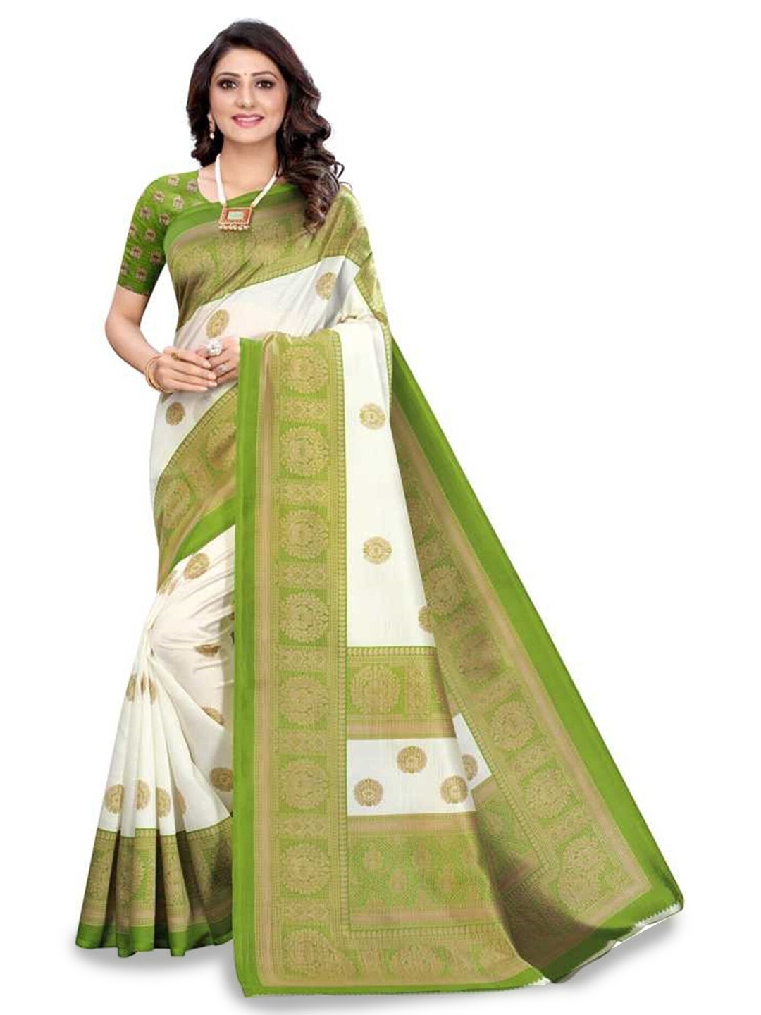 

Mitera White & Green Ethnic Motifs Printed Art Silk Saree