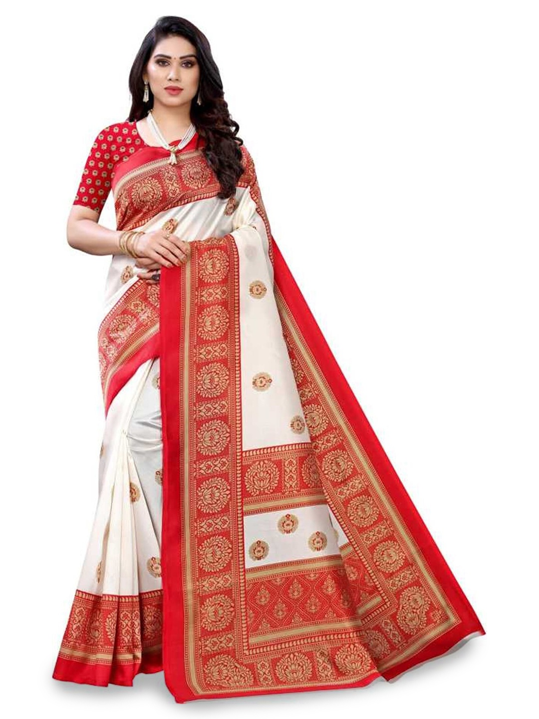 

Mitera White & Red Ethnic Motifs Printed Art Silk Saree