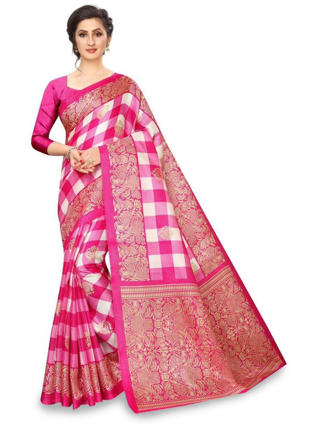 

Mitera Checked Banarasi Saree, Pink