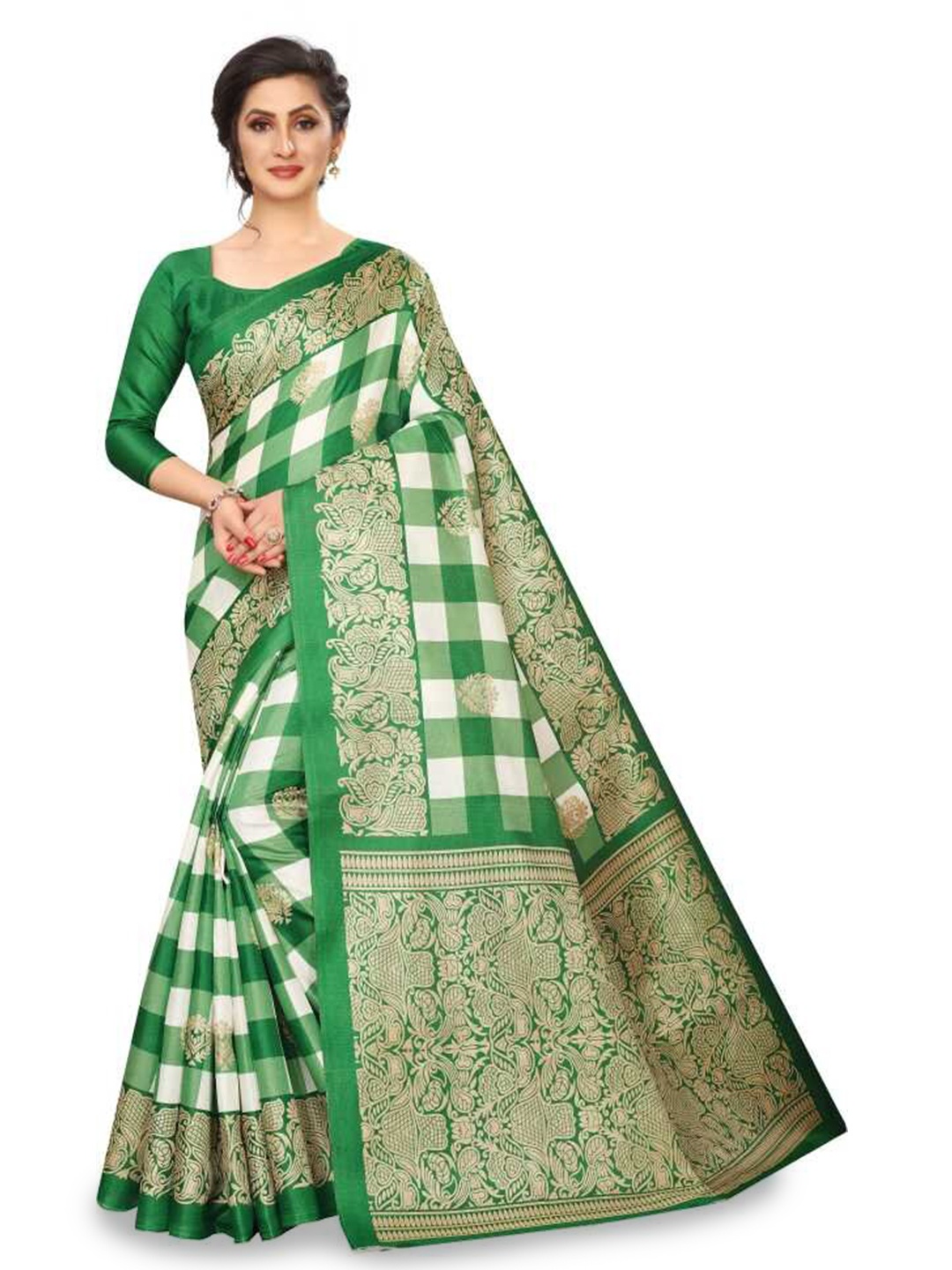 

Mitera Checked Banarasi Saree, Green