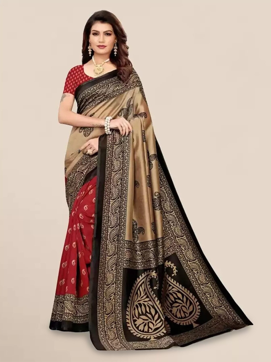 

Mitera Paisley Printed Saree, Red