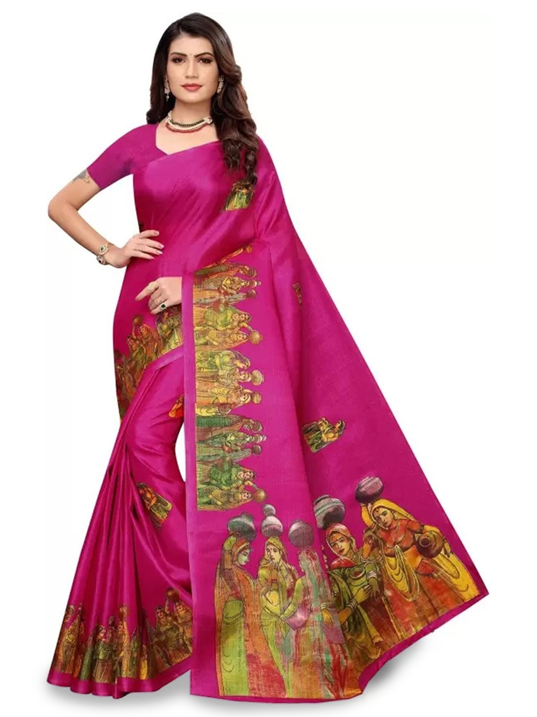 

Mitera Pink & Green Ethnic Motifs Printed Art Silk Banarasi Saree