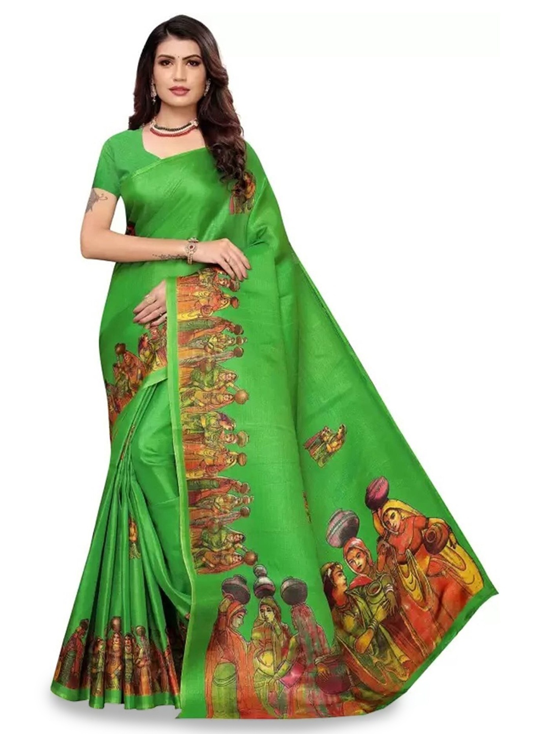 

Mitera Green & Orange Ethnic Motifs Printed Saree