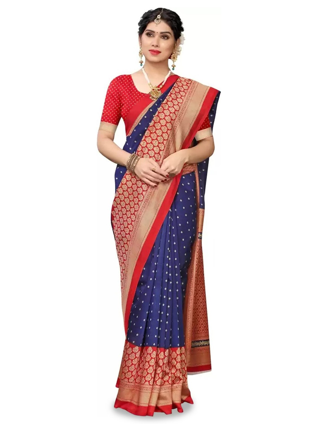

Mitera Maroon & Blue Ethnic Motifs Printed Saree