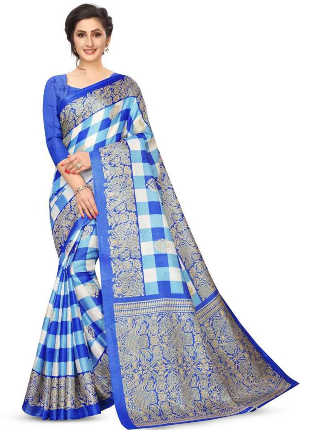 

Mitera Checked Banarasi Saree, Blue