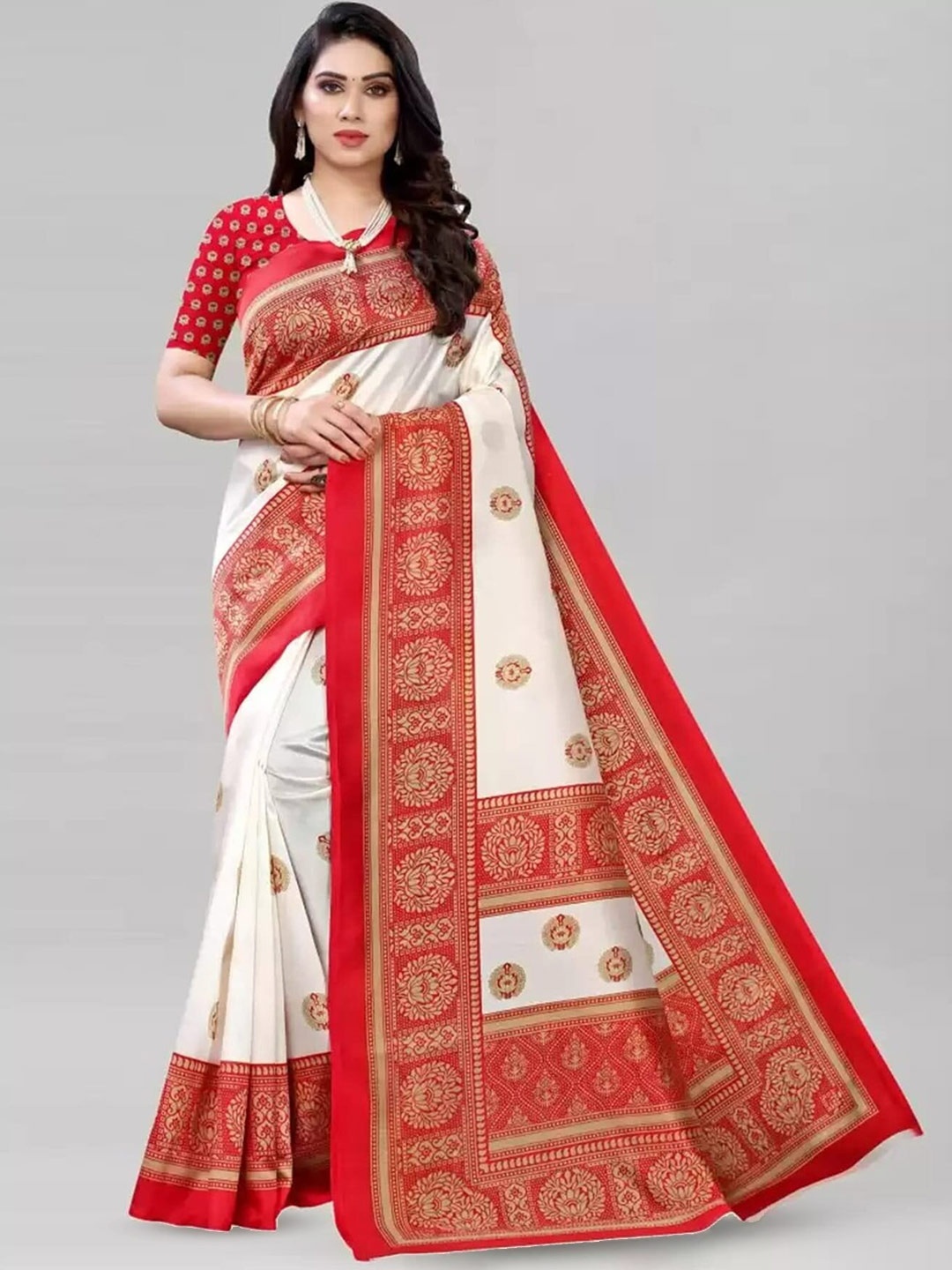 

Mitera White & Red Ethnic Motifs Printed Banarasi Saree