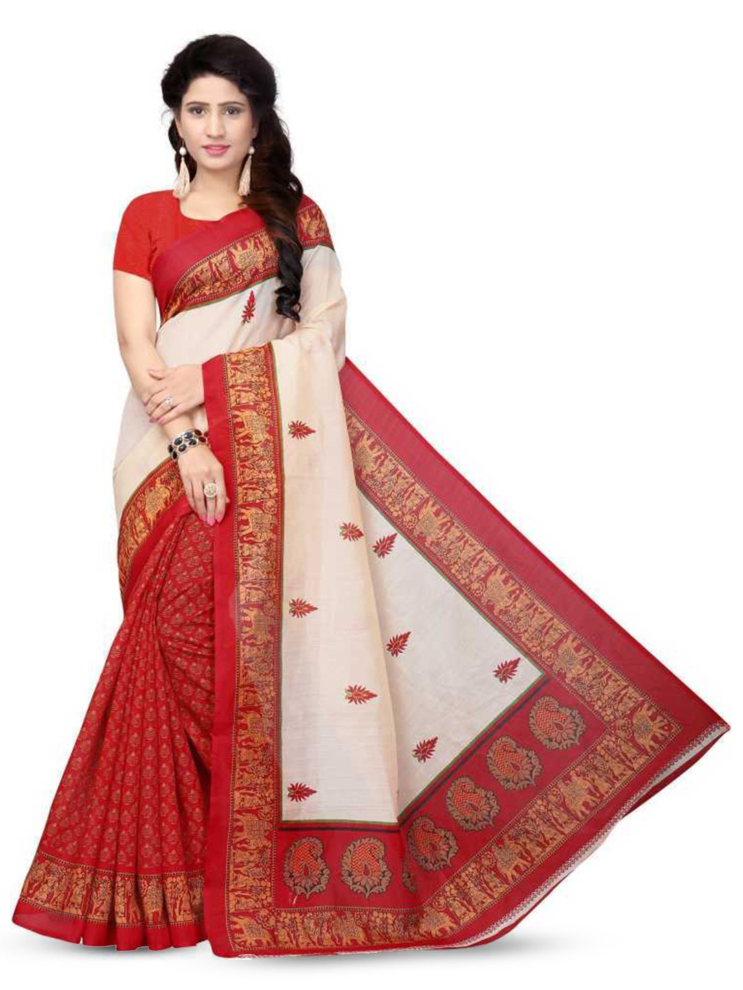 

Mitera Red & White Ethnic Motifs Printed Banarasi Saree
