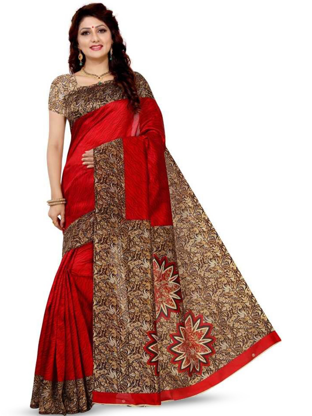 

Mitera Red & Brown Ethnic Motifs Woven Design Banarasi Saree