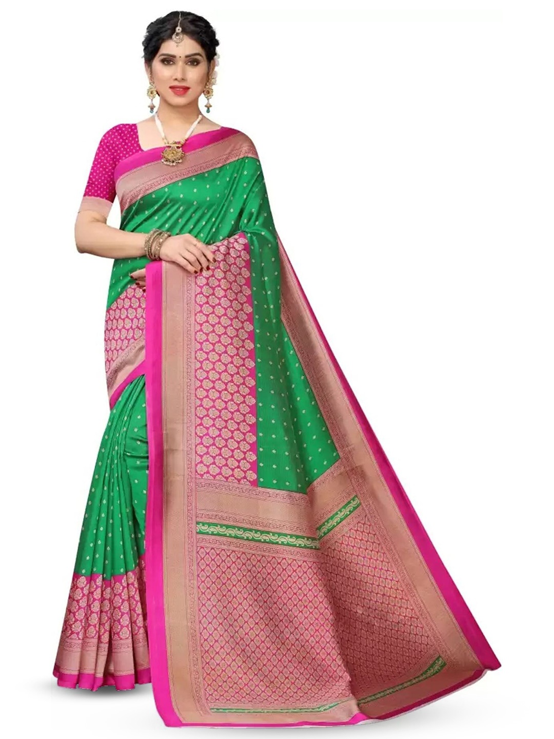 

Mitera Green & Pink Ethnic Motifs Woven Design Banarasi Saree