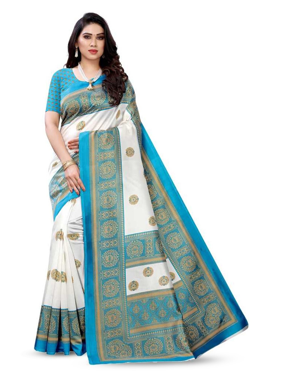 

Mitera Green & White Ethnic Motifs Printed Saree