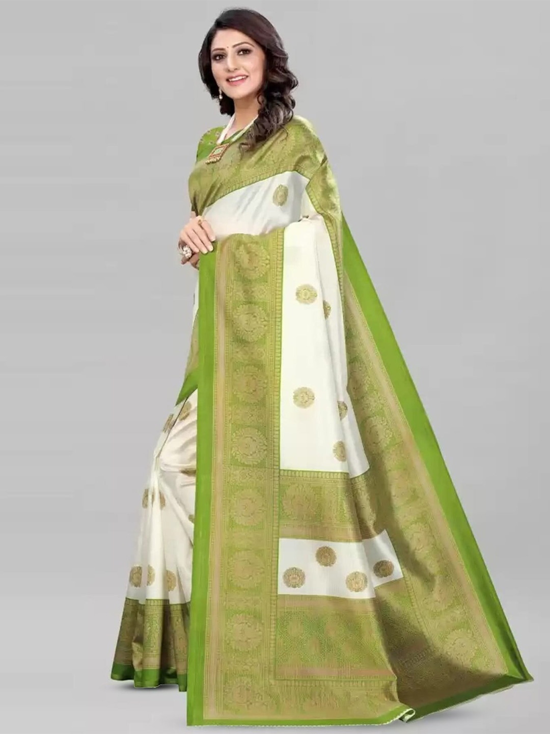 

Mitera White & Green Ethnic Motifs Printed Saree