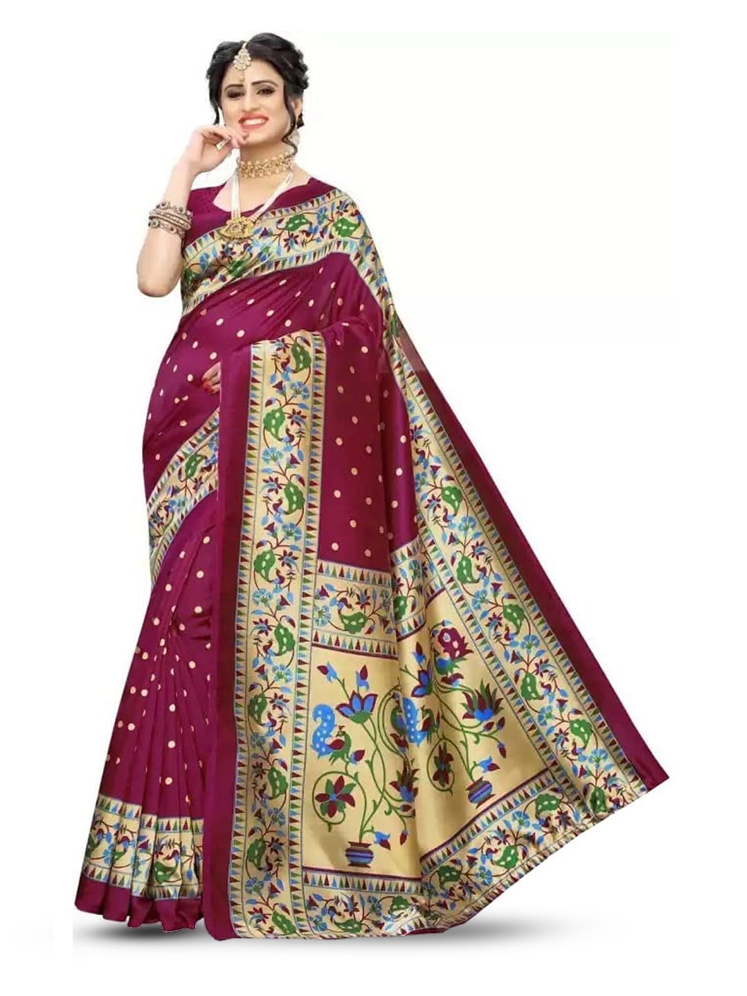 

Mitera Pink & Gold-Toned Polka Dots Printed Saree