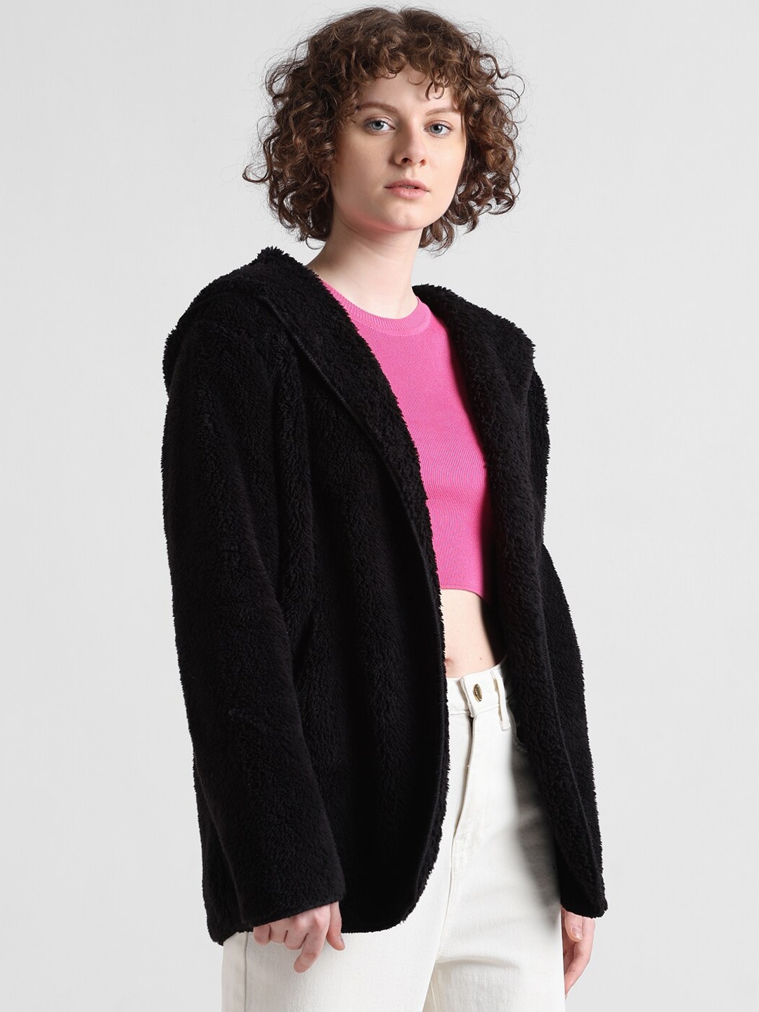 

ONLY Fur Self Design Hooded Front-Open Sherpa Coats, Black