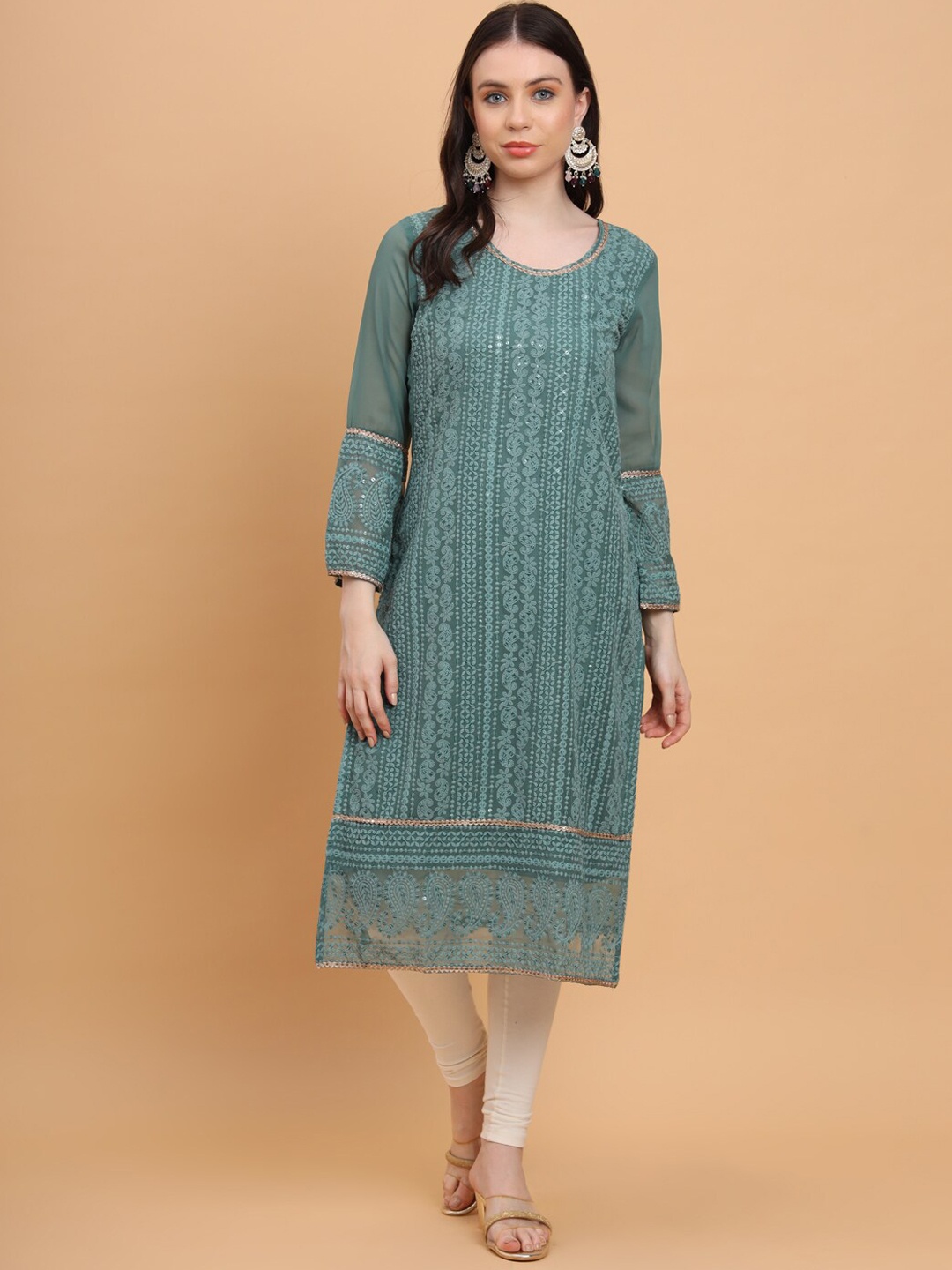 

SWAGG INDIA Ethnic Motifs Chikankari Embroidered Georgette Regular Kurta, Sea green
