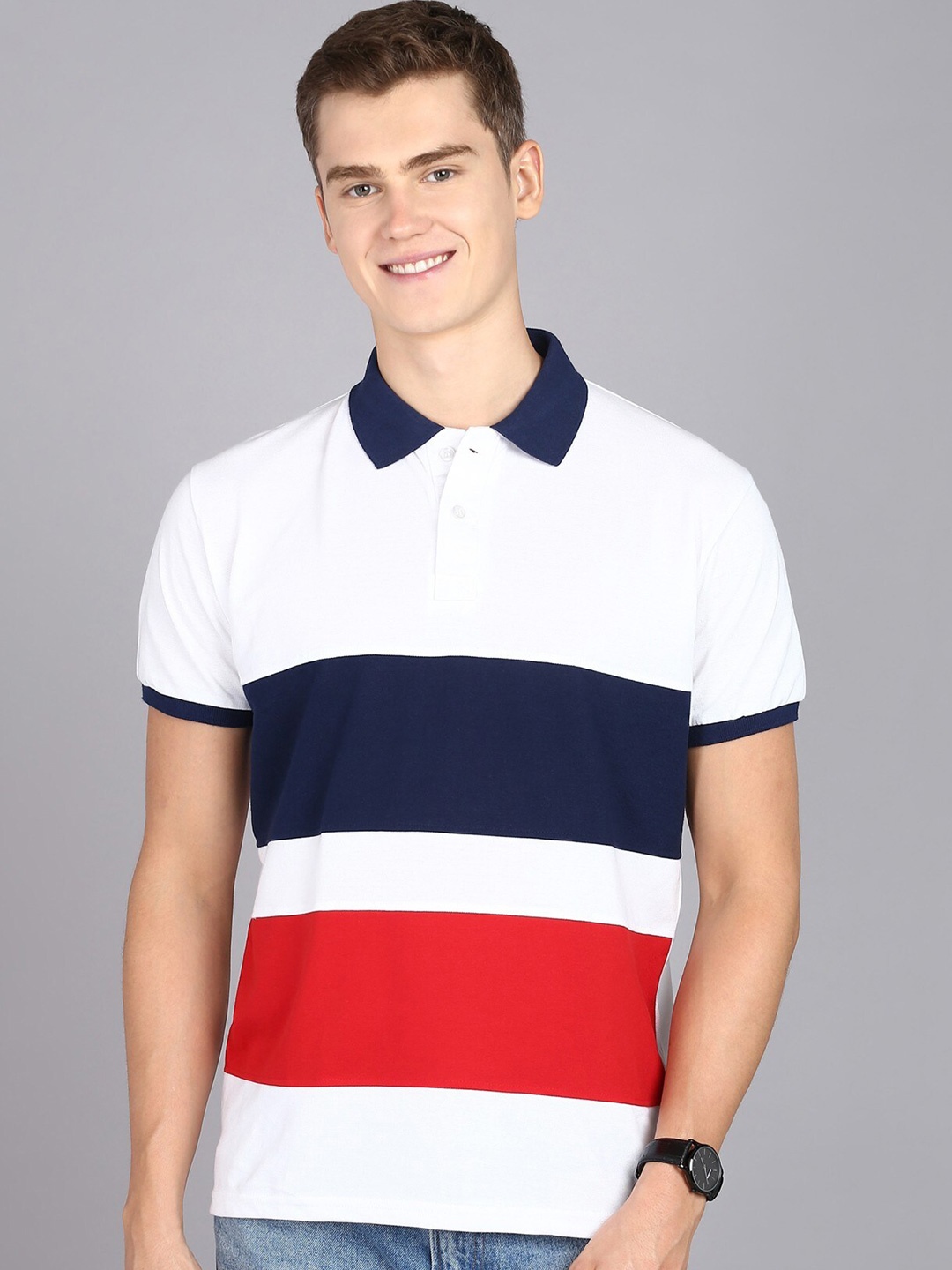 

3BROS Colourblocked Polo Collar Slim Fit T-shirt, Navy blue