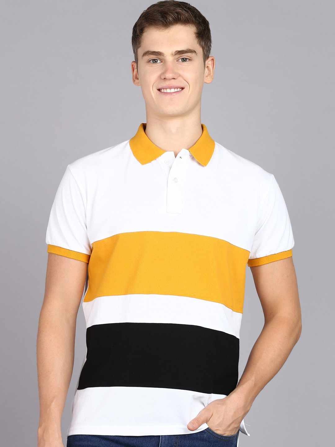 

3BROS Colourblocked Polo Collar Slim Fit T-shirt, Mustard