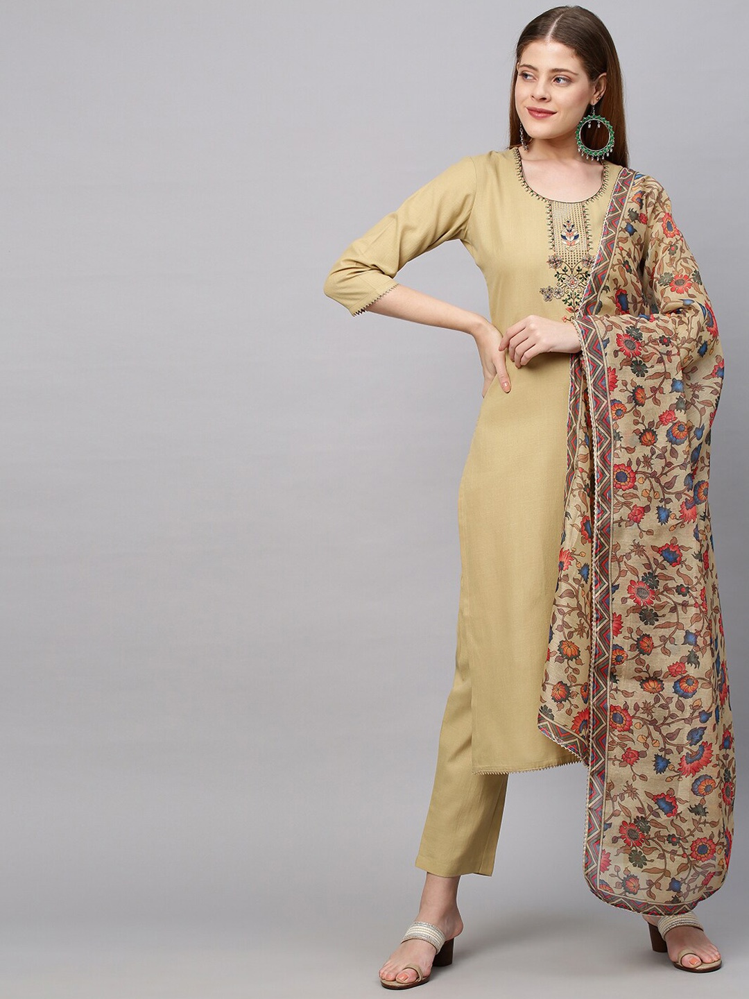 

Anouk Beige Floral Yoke Design Straight Kurta with Trousers & Dupatta