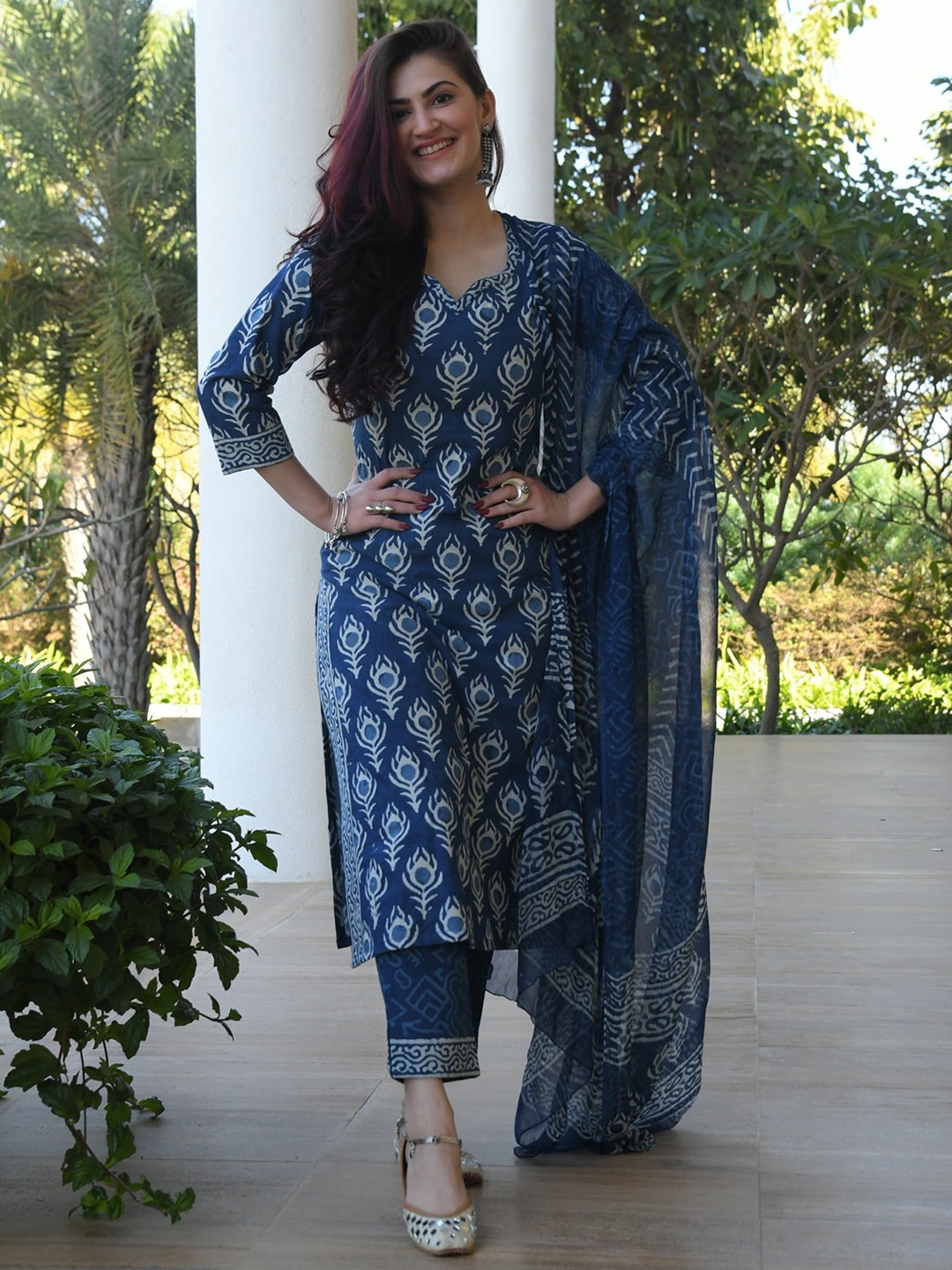 

Anouk Navy Blue Ethnic Motifs Printed Straight Kurta with Trouser & Dupatta