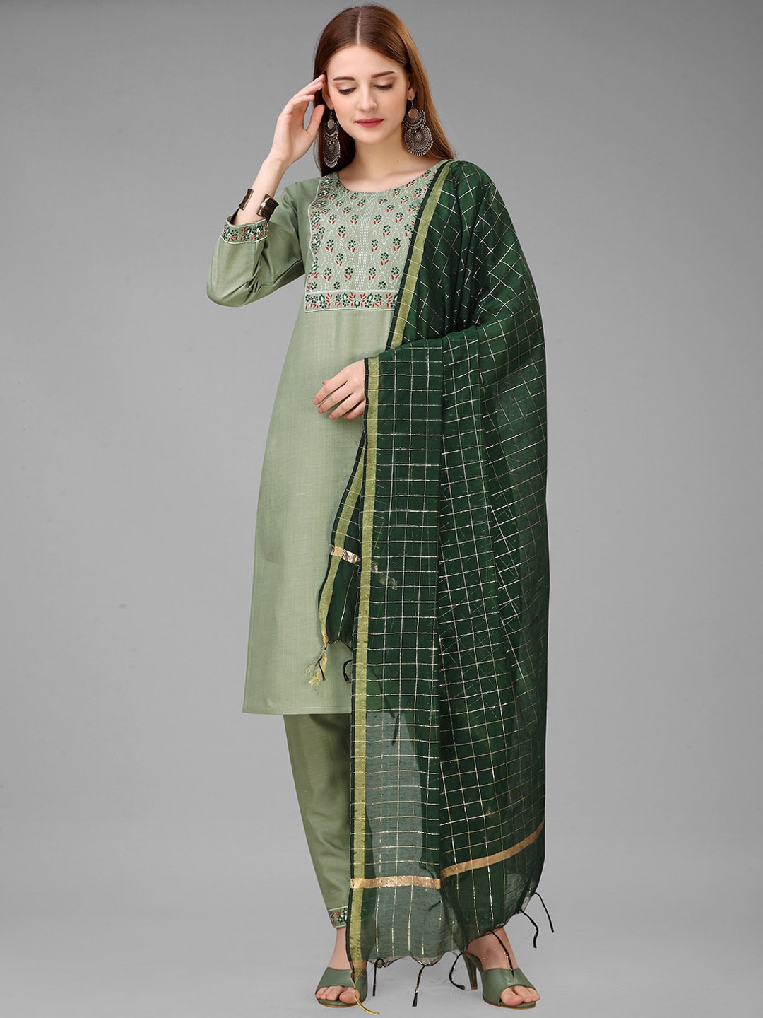 

Anouk Floral Printed Kurta With Trousers & Dupatta, Green