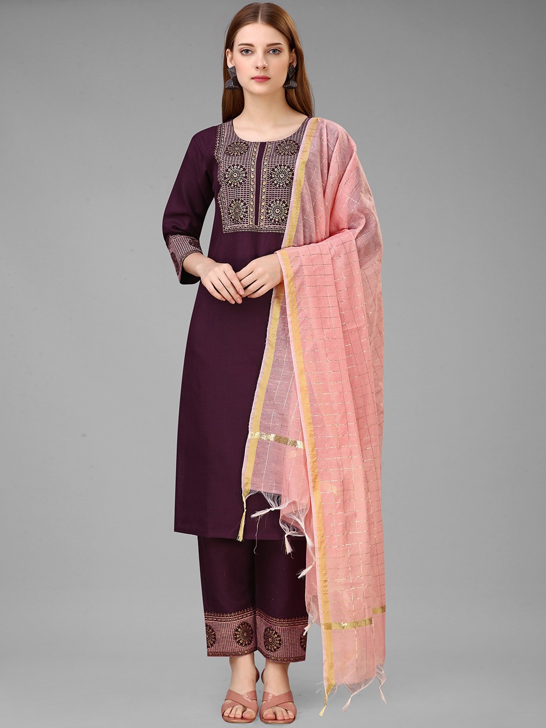 

Anouk Burgundy Ethnic Motifs Yoke Design Straight Kurta with Trouser & Dupatta