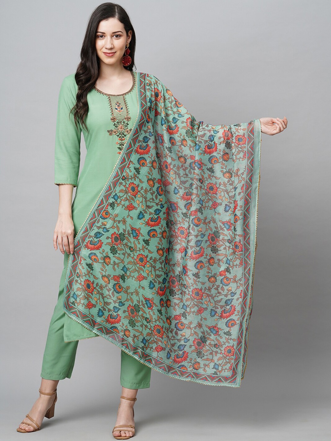 

Anouk Green Floral Yoke Design Kurta with Trousers & Dupatta