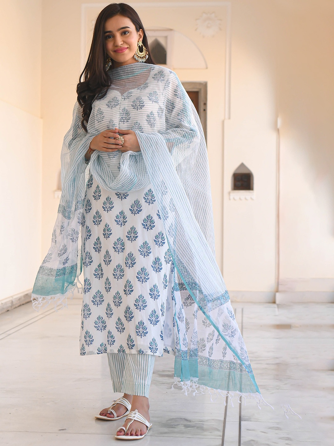 

Anouk White Ethnic Motifs Printed Straight Kurta with Trouser & Dupatta