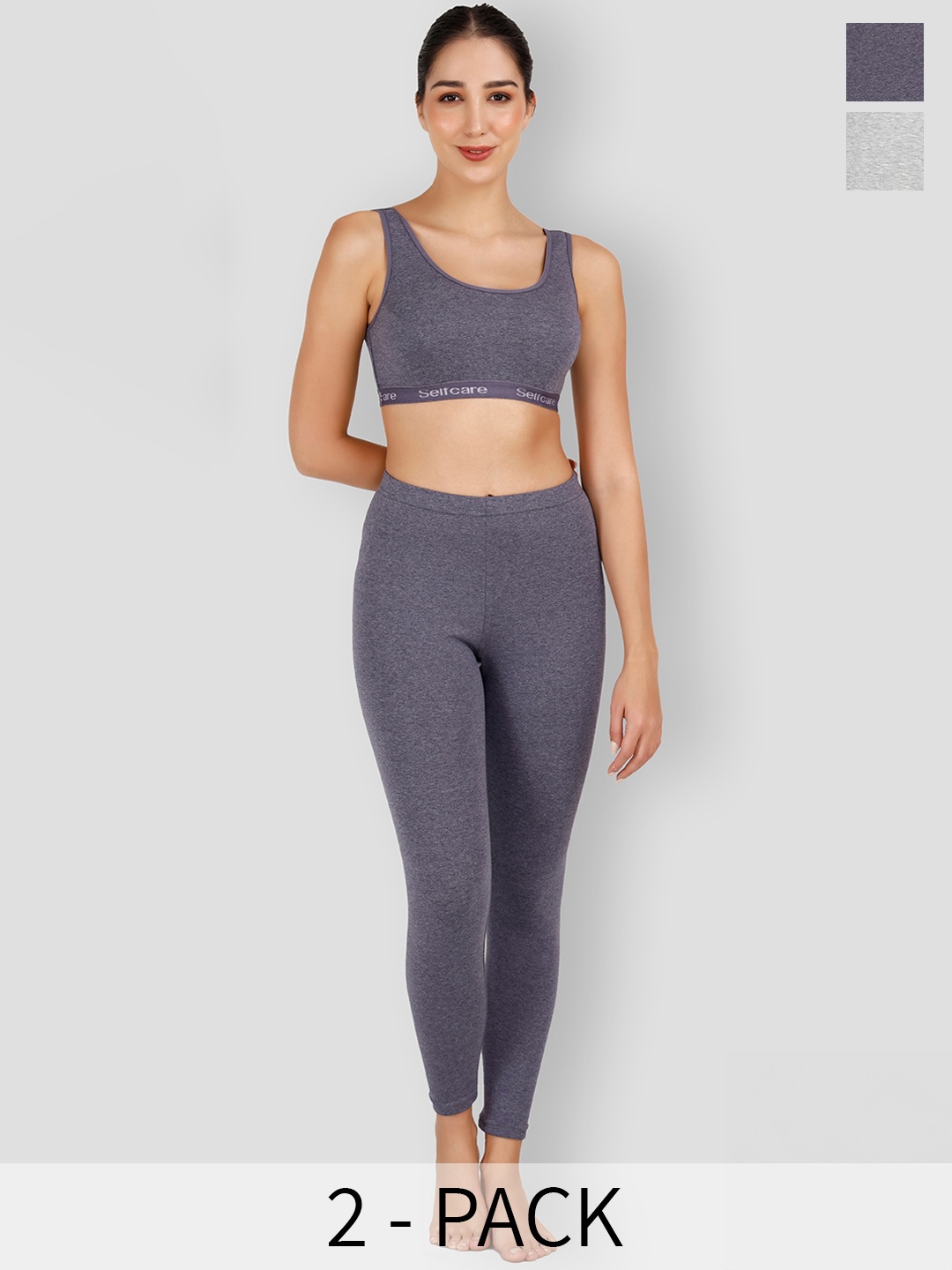 

SELFCARE Women Pack Of 2 Cotton Thermal Sets, Grey