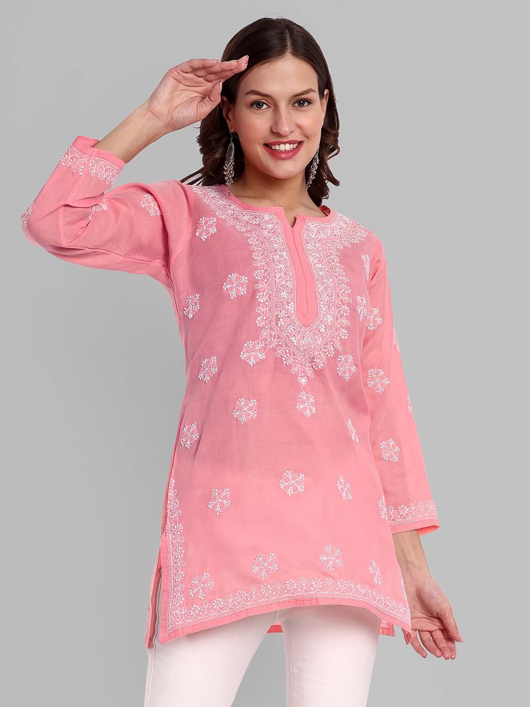 

ADA Floral Chikankari Embroidered Pure Cotton Kurti, Peach