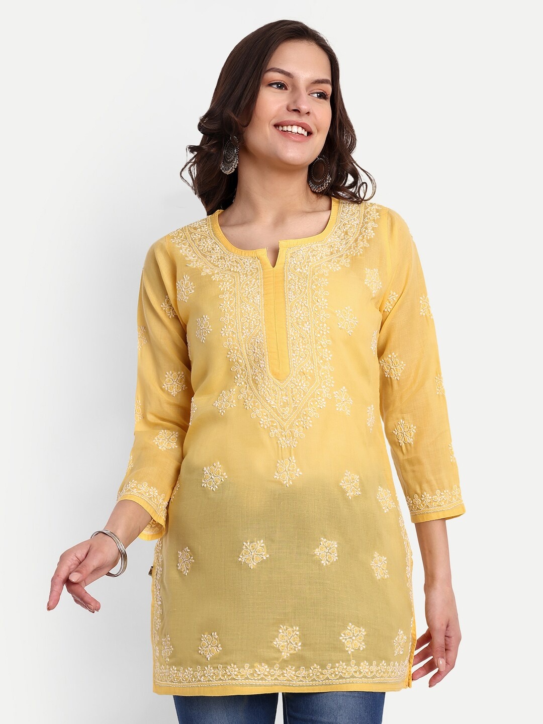 

ADA Floral Chikankari Embroidered Pure Cotton Kurti, Yellow