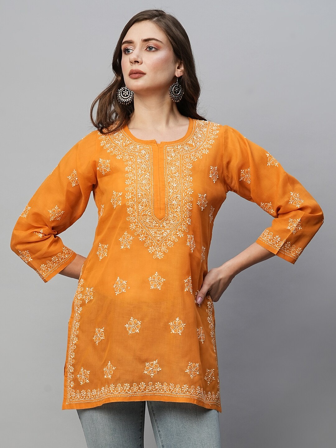 

ADA Floral Chikankari Embroidered Pure Cotton Kurti, Mustard