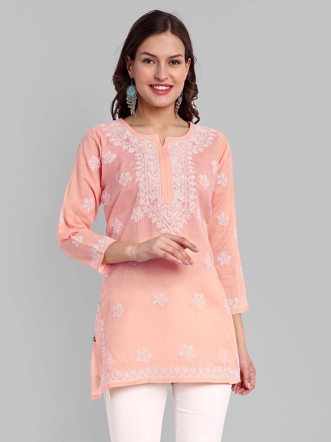 

ADA Floral Embroidered Chikankari Pure Cotton Kurti, Peach