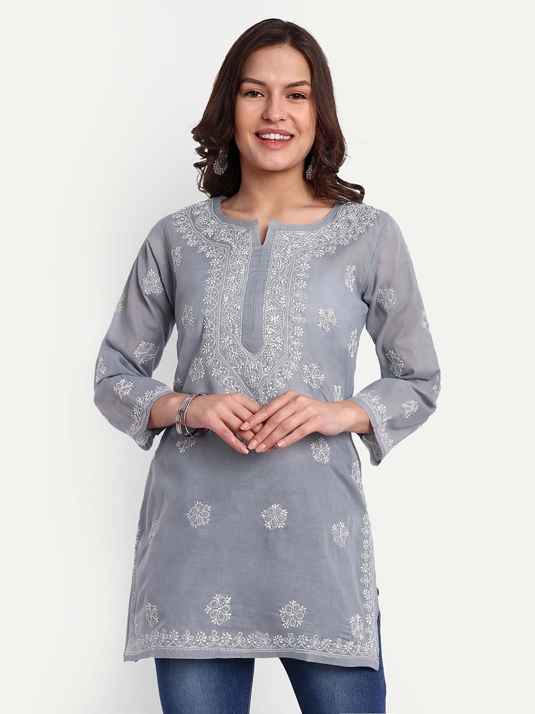 

ADA Floral Chikankari Embroidered Pure Cotton Kurti, Grey