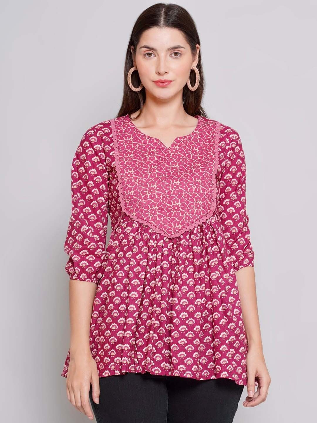 

NISHABD Floral Printed Cotton Regular Top, Pink