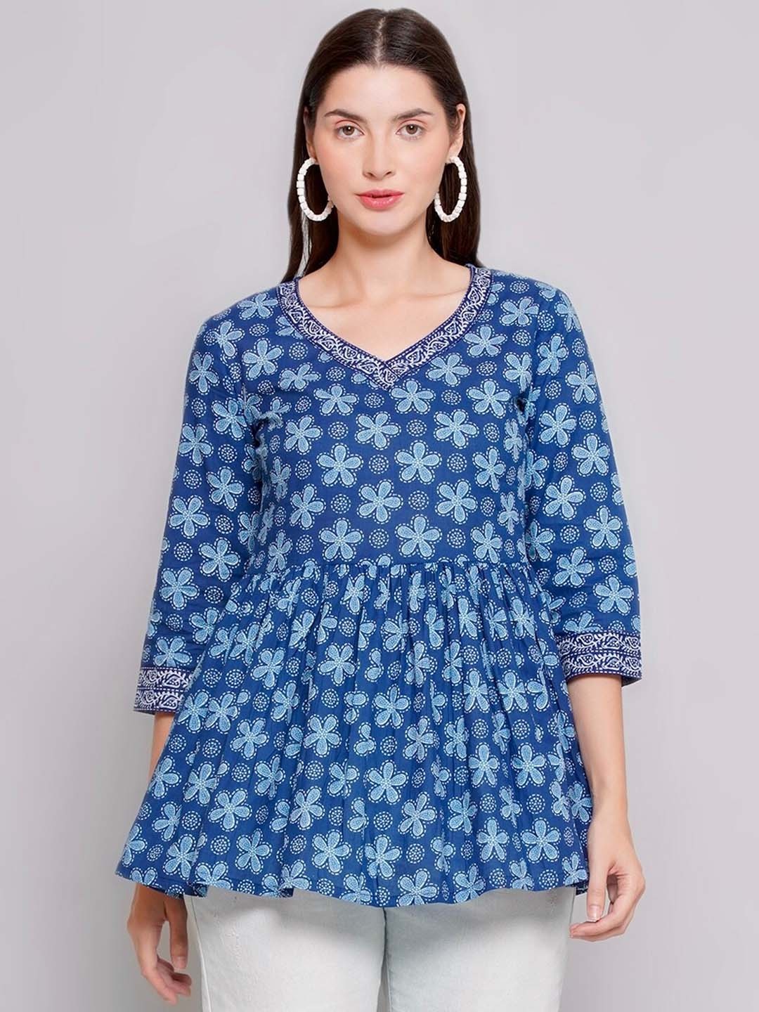 

NISHABD Floral Printed V-Neck Pure Cotton A-Line Kurti, Blue