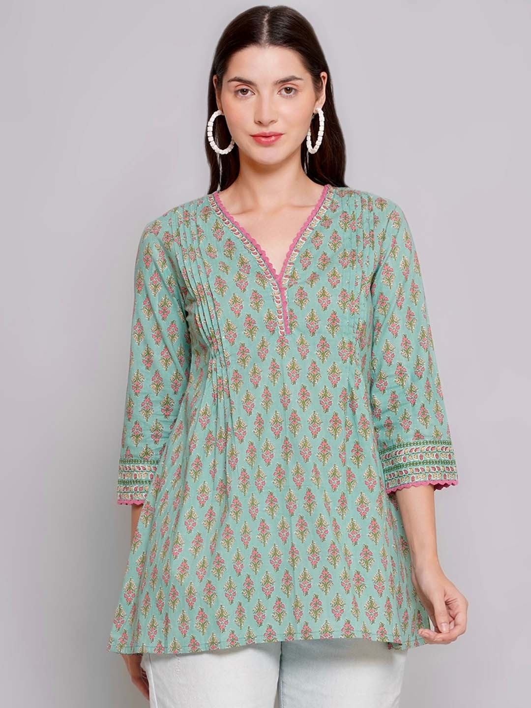 

NISHABD Floral Printed V-Neck Cotton Top, Green
