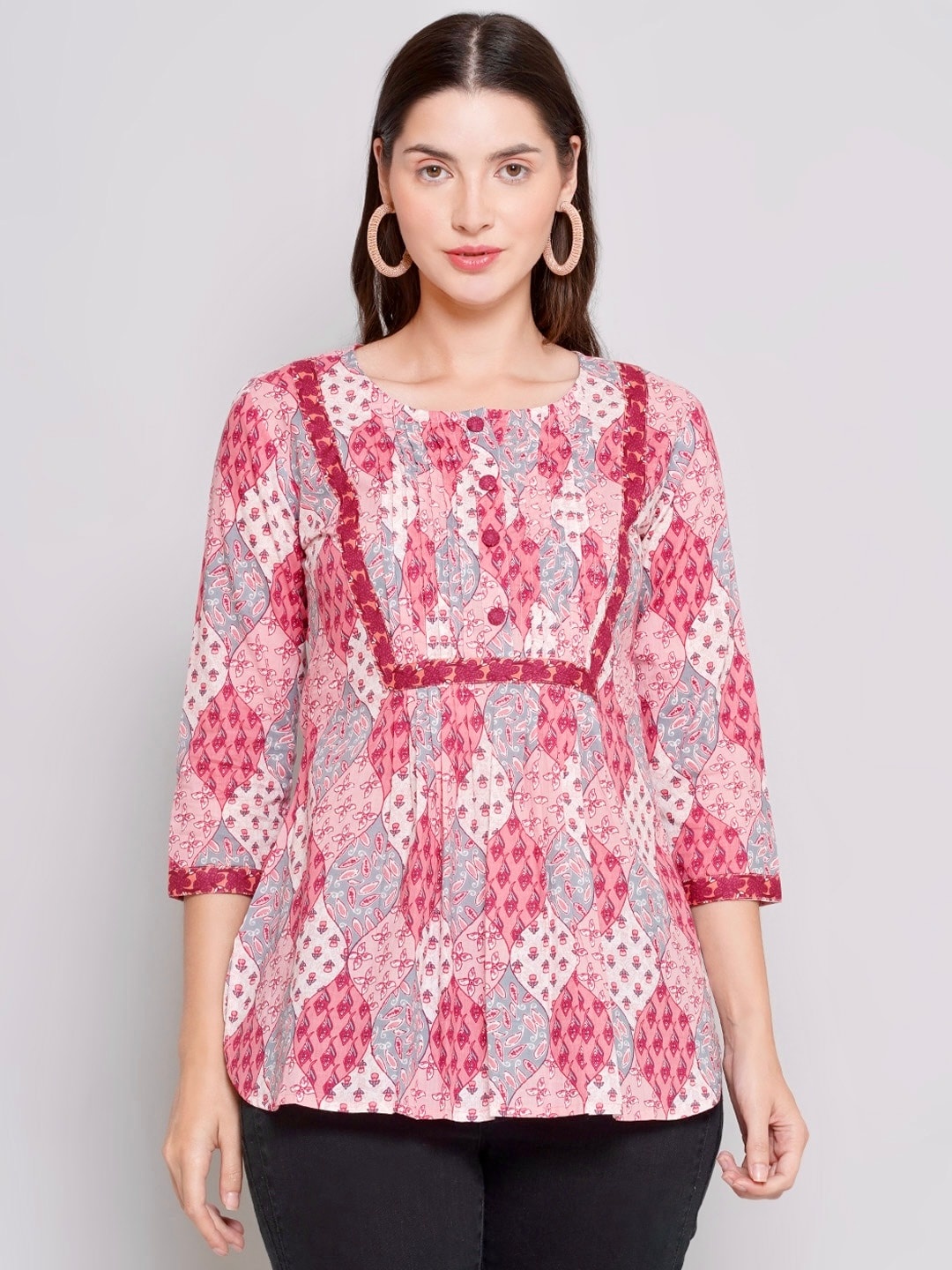

NISHABD Ethnic Motifs Printed Pleated Cotton Regular Top, Pink