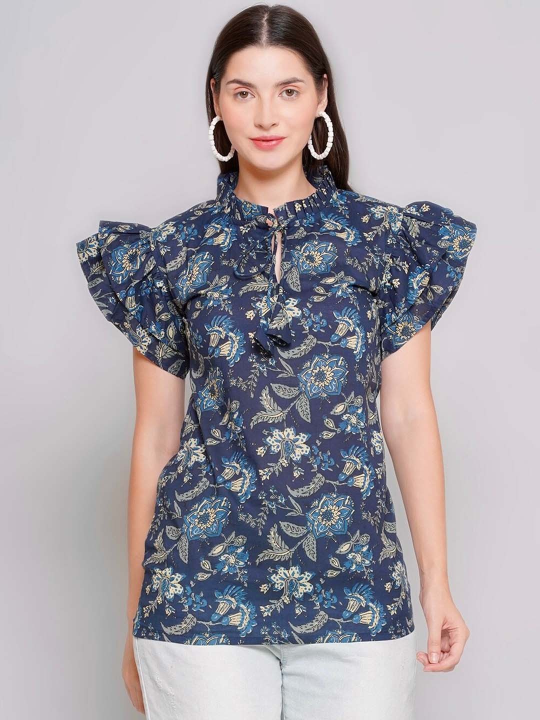 

NISHABD Floral Printed Tie-Up Neck Flutter Sleeves Cotton Top, Navy blue