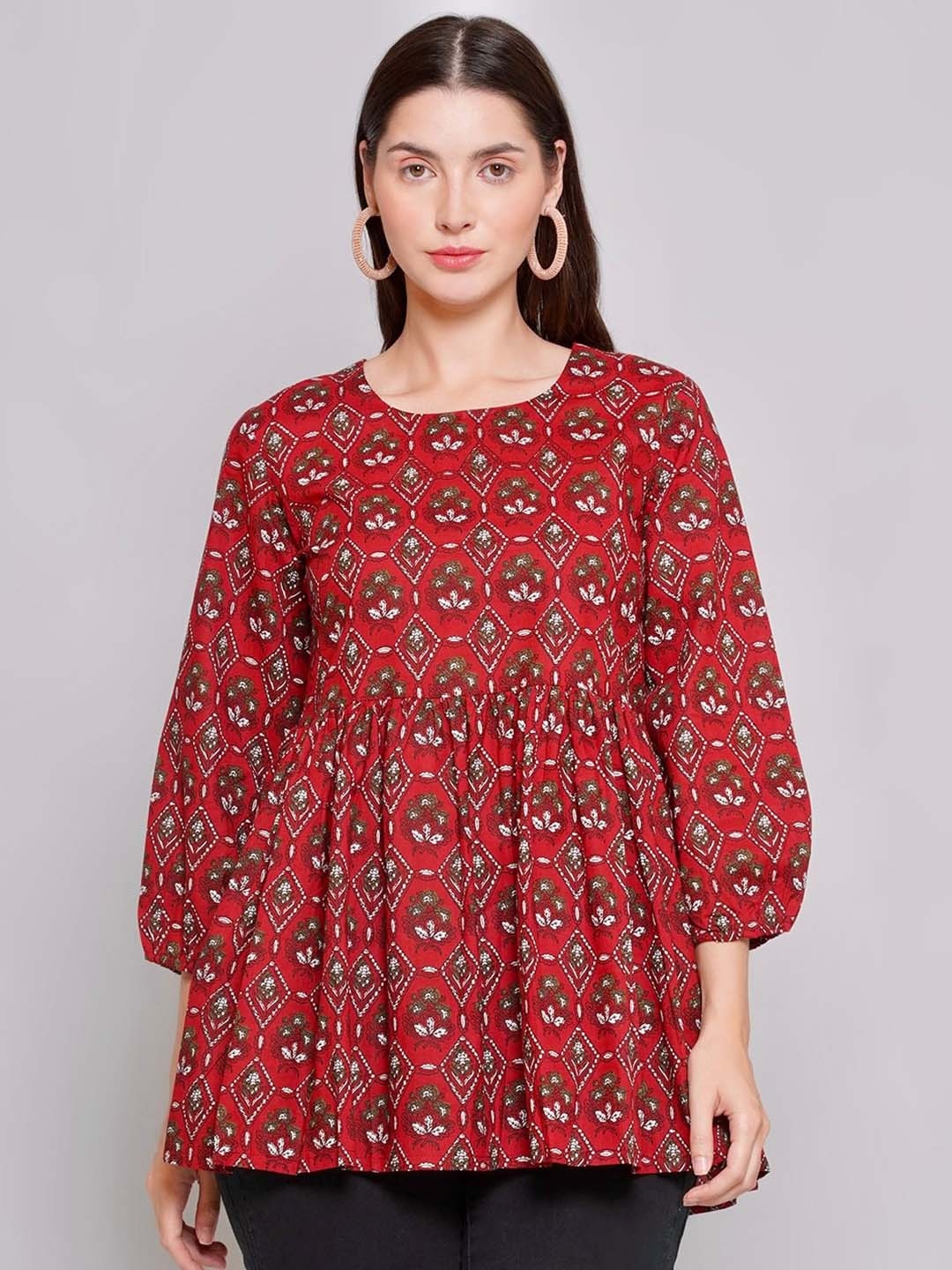

NISHABD Floral Printed Cotton Empire Top, Red
