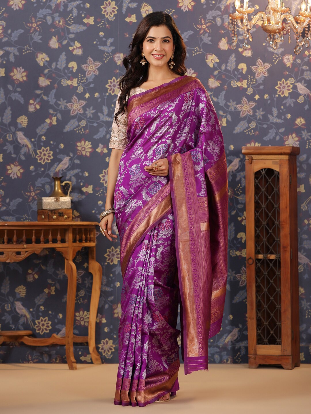 

House of Pataudi Magenta Ethnic Motifs Woven Design Zari Saree