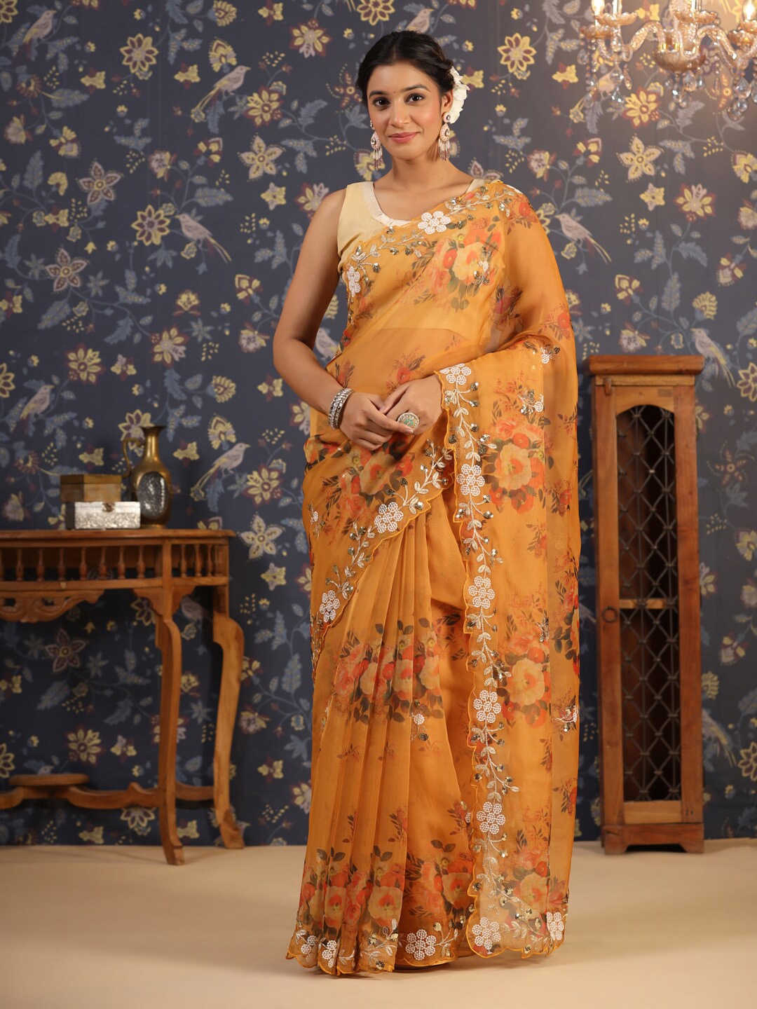 

House of Pataudi Mustard Yellow Floral Printed Beads & Stones Organza Saree