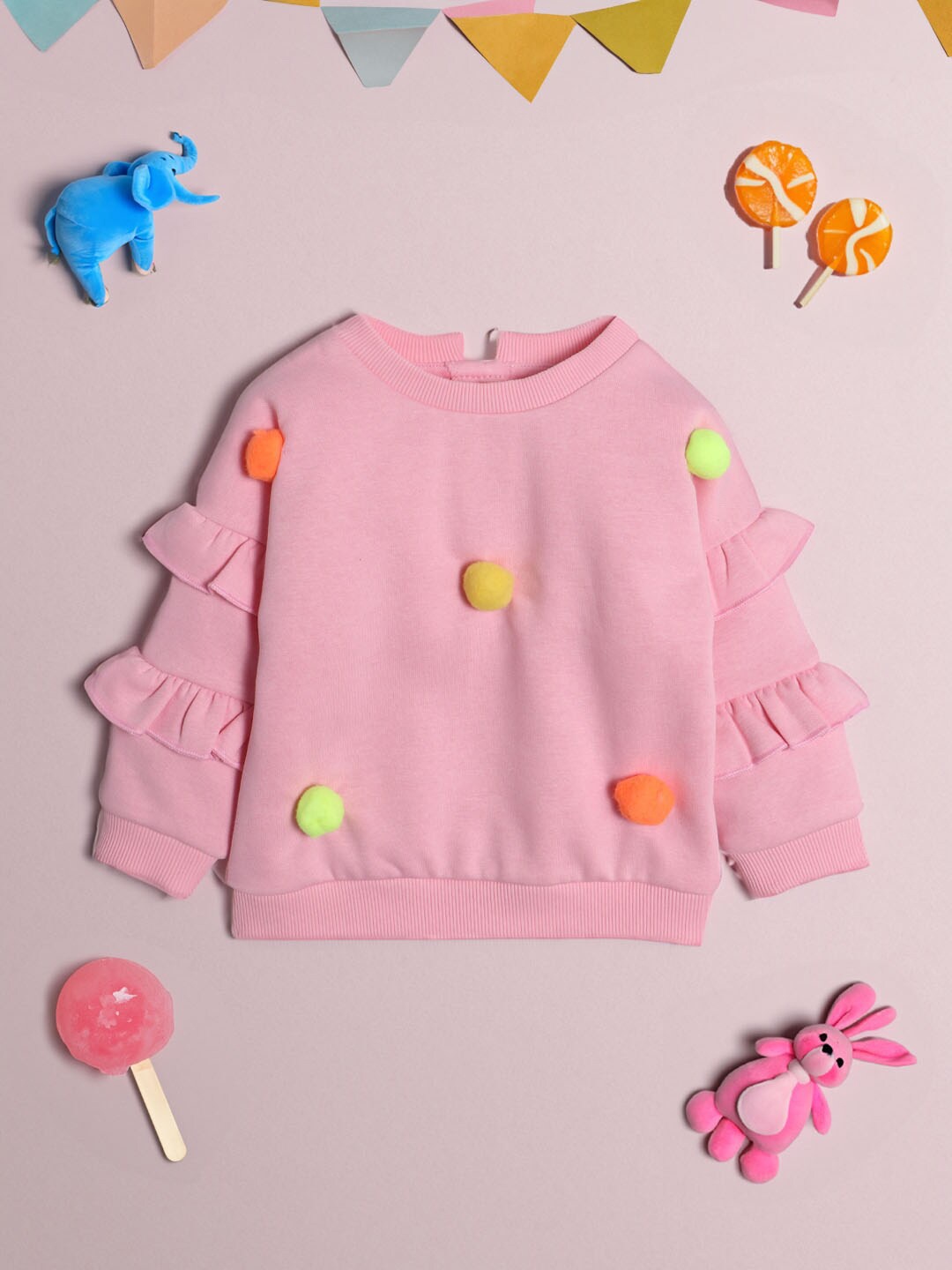 

Nauti Nati Girls Round Neck Long Sleeves Ruffled & Pom Pom Pullover Sweatshirt, Pink