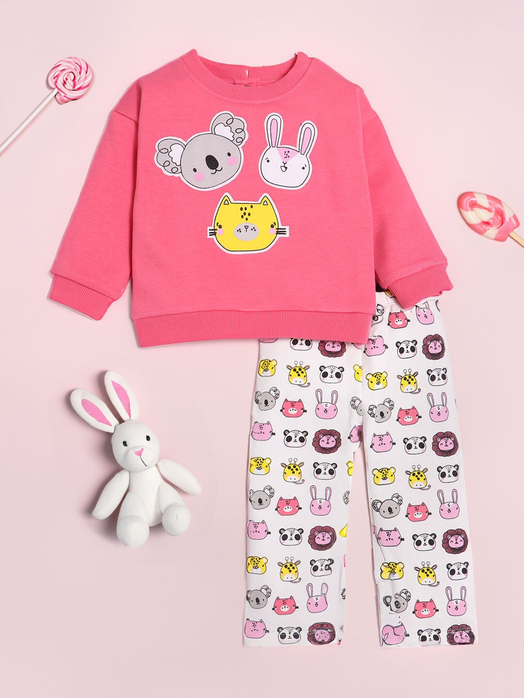 

Nauti Nati Girls Playful Animal Prints Sweatshirt with Trousers Set, Pink