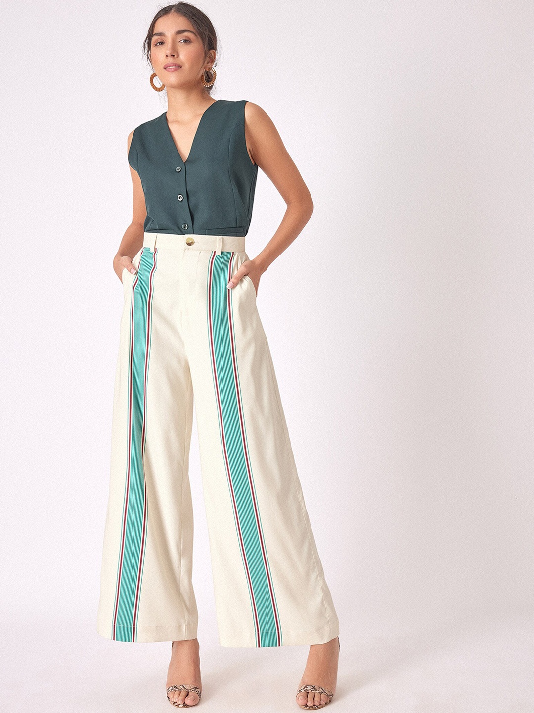 

The Label Life Women Flared Striped Parallel Trousers, White