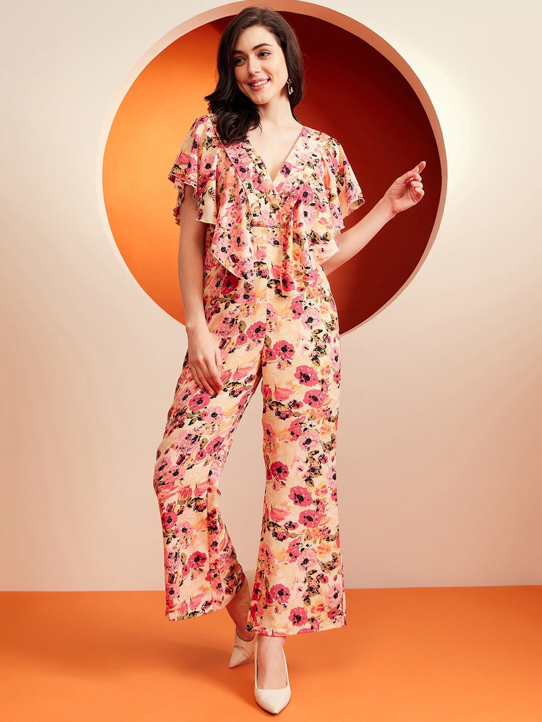 

KASSUALLY Pink & Yellow Floral Printed Ruffles Basic Jumpsuit