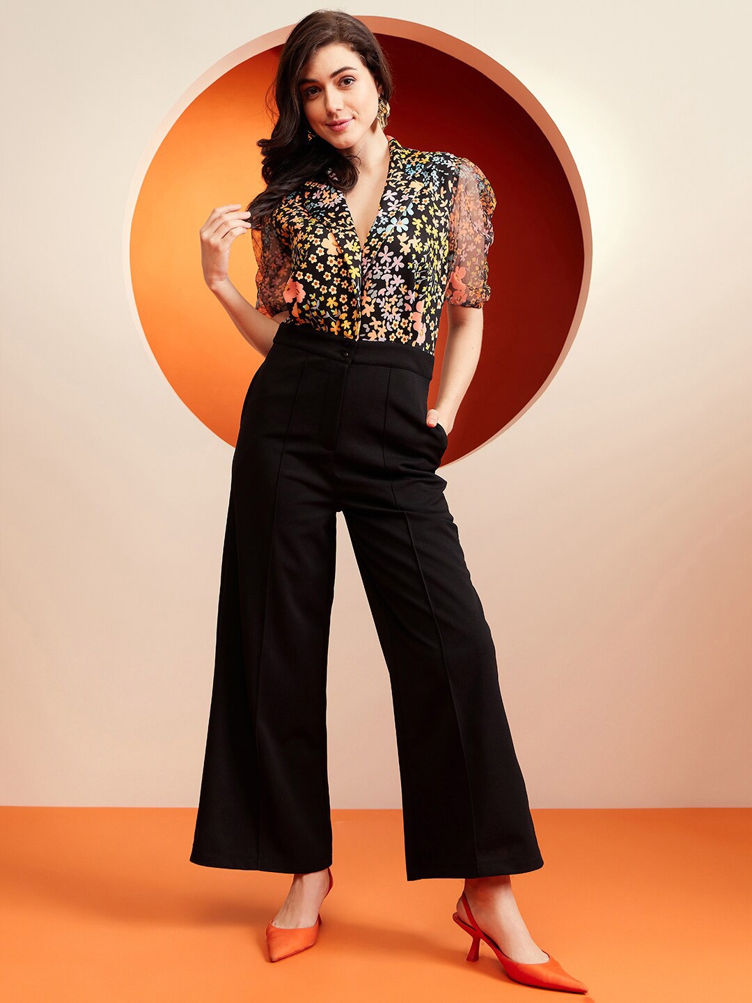 

KASSUALLY Floral Printed Puff Sleeves Basic Jumpsuit, Black