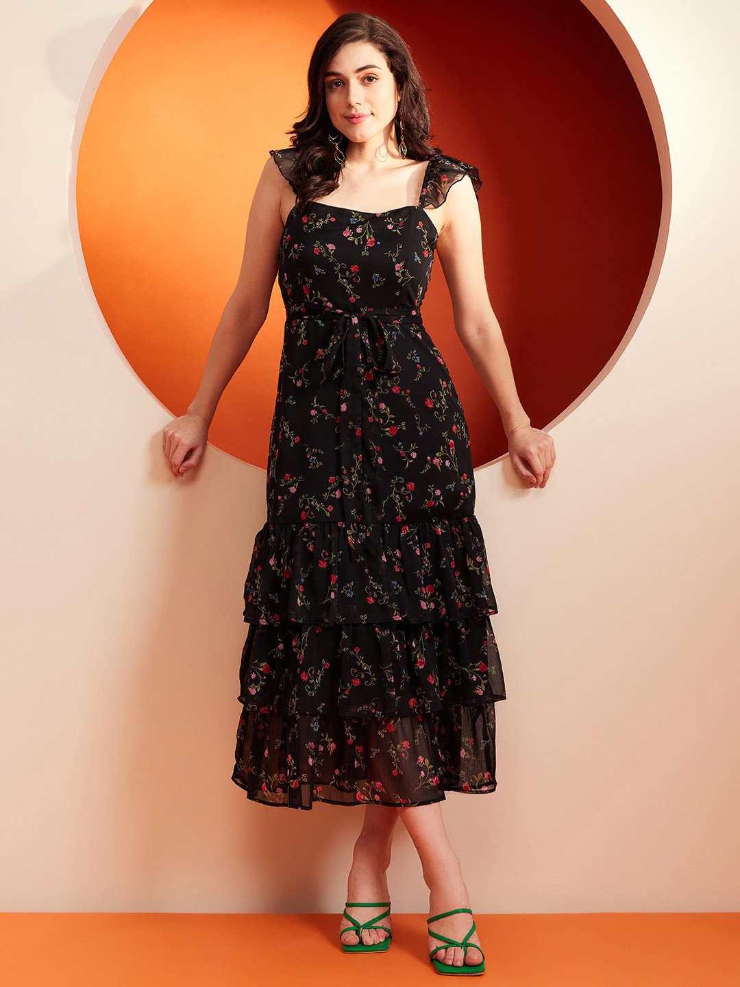 

KASSUALLY Floral Printed Shoulder Straps Layered Chiffon A-Line Midi Dress, Black