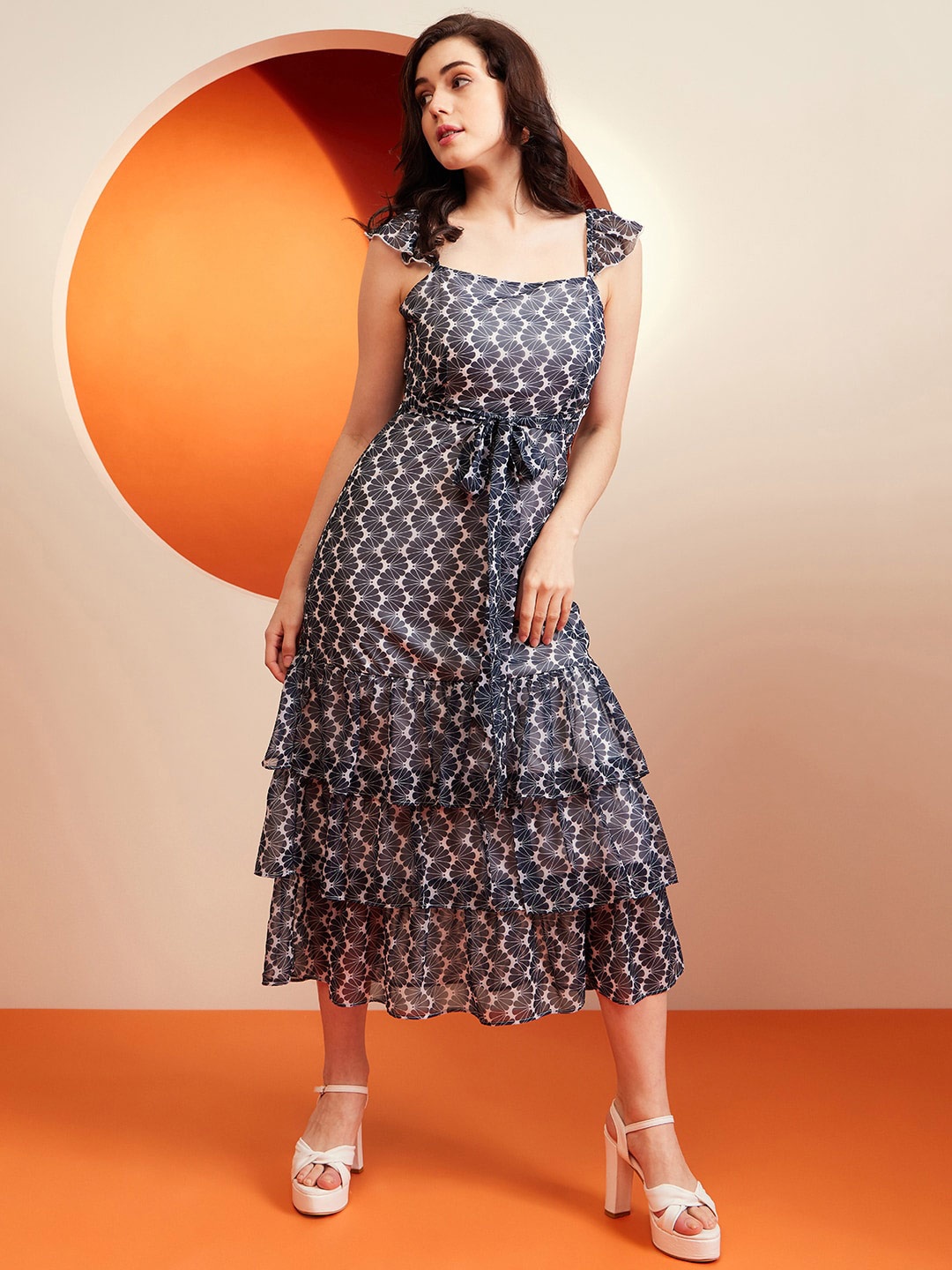 

KASSUALLY Floral Printed Shoulder Straps Layered Georgette A-Line Midi Dress, White