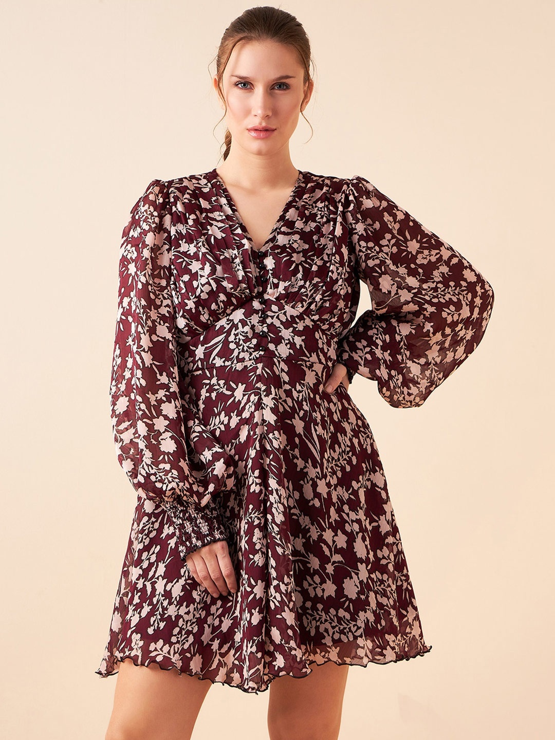 

Antheaa Floral Printed Puff Sleeve Chiffon Fit & Flare Dress, Maroon