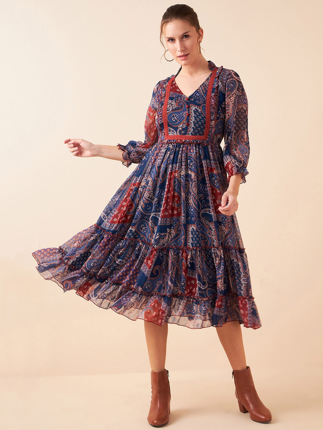 

Antheaa Blue Floral Printed Puff Sleeves Chiffon Lace Inserts Tiered A-Line Midi Dress